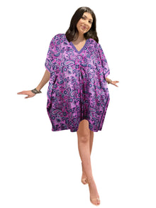  Purple Short Kaftan Dress – Paisley Print Recycled Silk Summer Caftan One size