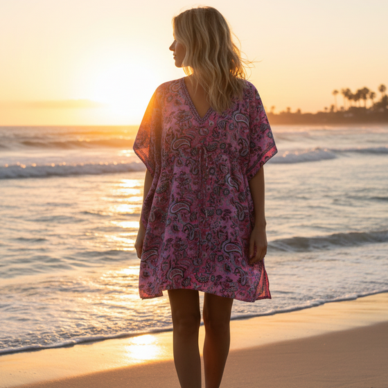 Purple Short Kaftan Dress Paisley Print Recycled Silk Summer Caftan & Beach Cover-Up One size Purple Short Kaftan Dress Paisley Print Recycled Silk Summer Caftan & Beach Cover-Up One size
