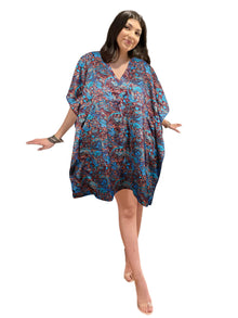  Short Kaftan Dress – Recycled Silk Blue Beach Cover-Up Caftan for Summer, One size