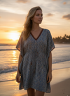 Women’s Short Blue Floral Kaftan – Boho Tunic Dress & Stylish Beach Cover-Up, Onesize