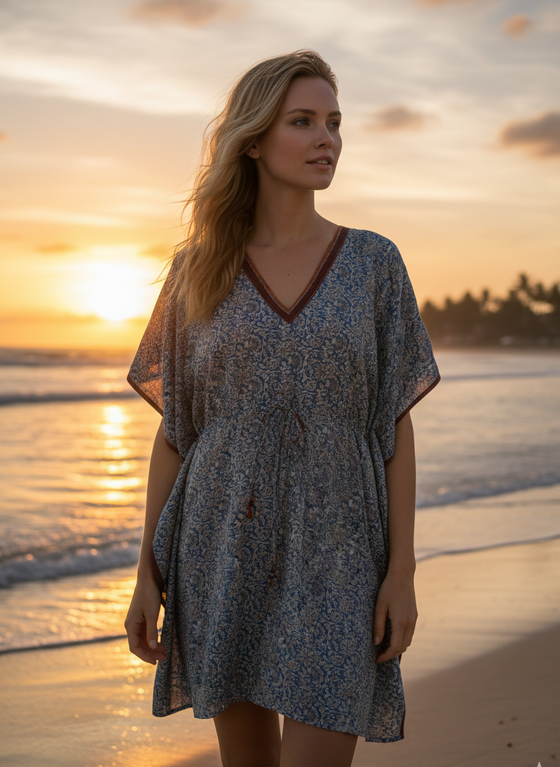 Women’s Short Blue Floral Kaftan – Boho Tunic Dress & Stylish Beach Cover-Up, Onesize