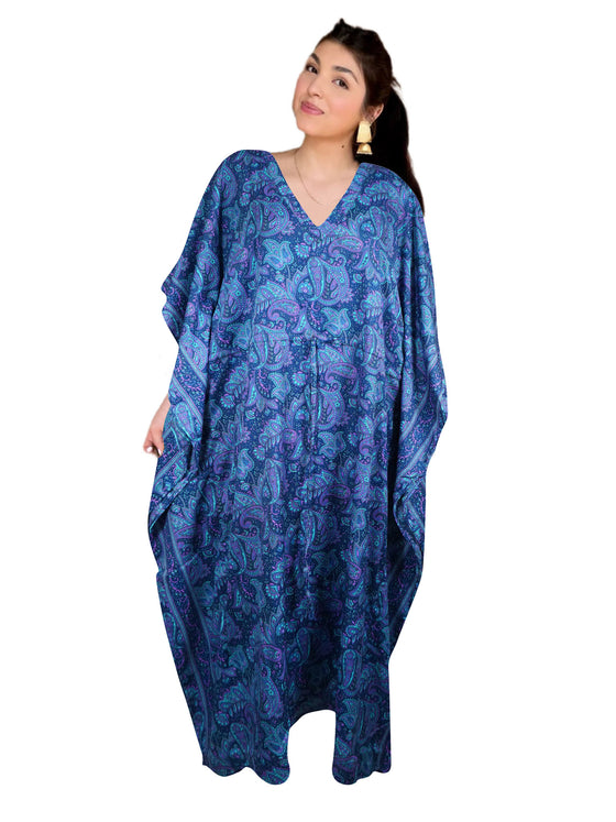 Women's Dark Blue Paisley Silk Maxi Kaftan – Boho Tunic Dress & Beach Cover-Up, One size