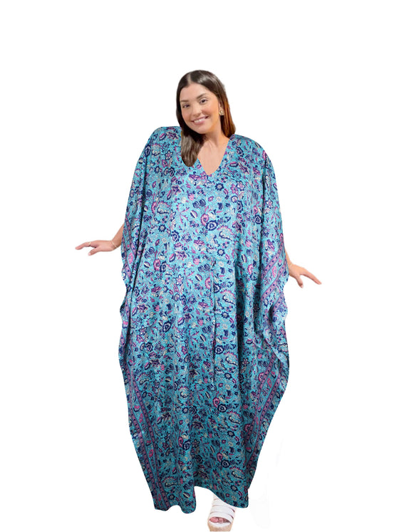 Light Blue Floral Maxi Kaftan – Boho Beach Coverup Tunic Dress, One size