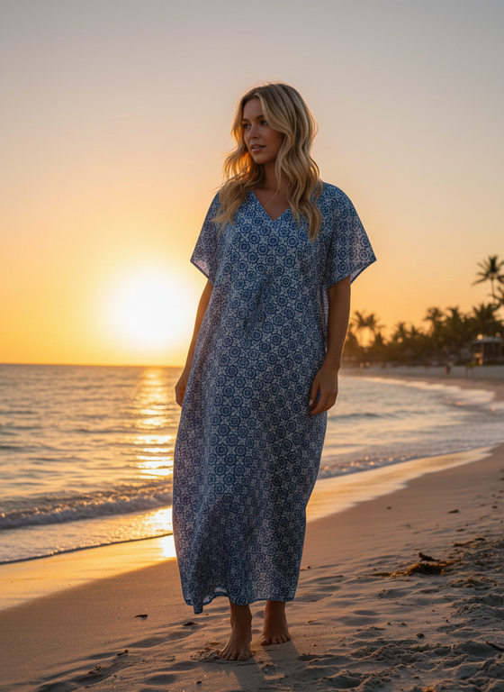 Stylish Azure Blue Maxi Kaftan – Boho Beach Cover-Up & Tunic Dress for Women, One size