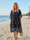 Women’s Black White Feather Print Cotton Kaftan – Boho Midi Muumuu Resort Dress S-XL