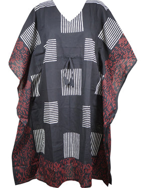 Womens Kaftan Midi Dress, Mummuu, Black Red, Summer Cotton Kimono Kaftan, S-XL