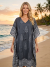 Women’s Black Printed Kimono Kaftan – Boho Midi Beach Caftan Dress One size