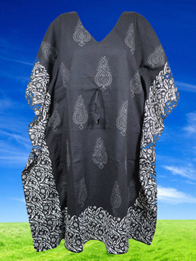 Womens Kaftan Midi Dress Black Printed Kimono Beach Caftan Dresses One size