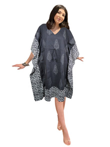  Women's Black Printed Kimono Kaftan – Midi Beach Caftan Dress One size