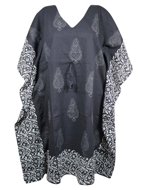 Womens Kaftan Midi Dress, Black Printed Kimono Beach Caftan Dresses One size