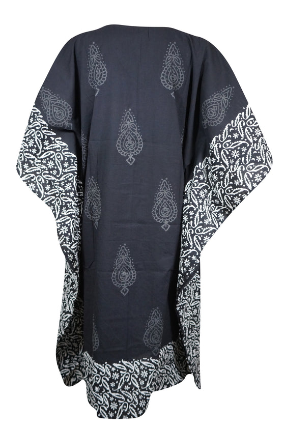 Womens Kaftan Midi Dress Black Printed Kimono Beach Caftan Dresses One size