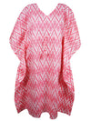 Womens Kaftan Midi Dress Pink White Printed Kimono Summer Beach Caftan, One size