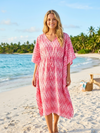 Women’s Pink and White Printed Kimono Kaftan – Boho Midi Summer Beach Dress, One size