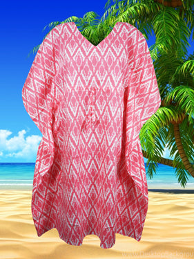 Womens Kaftan Midi Dress, Pink White Printed Kimono Summer Beach Caftan, One size
