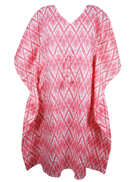 Womens Kaftan Midi Dress Pink White Printed Kimono Summer Beach Caftan, One size