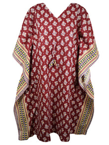  Womens Short Kaftan Dress, Boho Candy Apple Red Printed Summer Dress One size