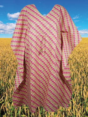 Womens Pink Beige Boho Kaftan Cotton Short Hippie Caftan, Beach Cover up SML