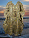Boho Short Kimono, Summer Kaftan Dress, Gray Beige Tunic Cotton Printed Caftan One Size