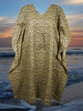 Boho Short Kimono, Summer Kaftan Dress, Gray Beige Tunic Cotton Printed Caftan One Size