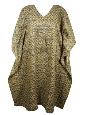 Boho Short Kimono, Summer Kaftan Dress, Gray Beige Tunic Cotton Printed Caftan One Size