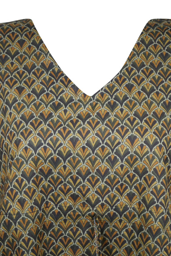 Boho Short Kimono, Summer Kaftan Dress, Gray Beige Tunic Cotton Printed Caftan One Size
