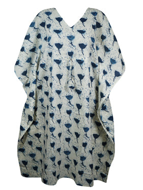 Womens Printed Tunic Kaftan Dress White blue Floral Printed Cotton Caftan Dresses S/M/L