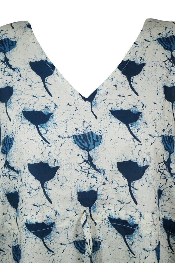 Womens Printed Tunic Kaftan Dress White blue Floral Printed Cotton Caftan Dresses S/M/L