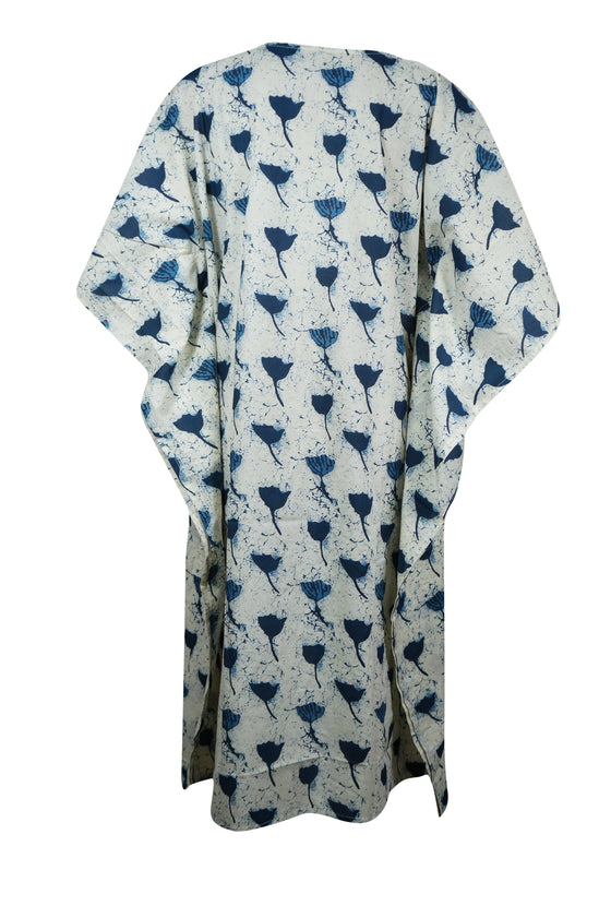Womens Printed Tunic Kaftan Dress White blue Floral Printed Cotton Caftan Dresses S/M/L