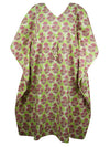 Womens Summer Midi Kaftan Dress, Green Pink Floral Printed Cotton Resort Dress S/M/L