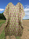 Womens Summer Midi Kaftan Dress Green Pink Floral Printed Cotton Resort Dress S/M/L