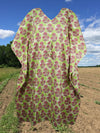 Womens Summer Midi Kaftan Dress, Green Pink Floral Printed Cotton Resort Dress S/M/L