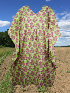 Womens Summer Midi Kaftan Dress Green Pink Floral Printed Cotton Resort Dress S/M/L