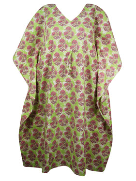 Womens Summer Midi Kaftan Dress Green Pink Floral Printed Cotton Resort Dress S/M/L