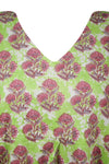 Womens Summer Midi Kaftan Dress, Green Pink Floral Printed Cotton Resort Dress S/M/L