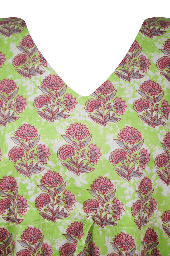 Womens Summer Midi Kaftan Dress Green Pink Floral Printed Cotton Resort Dress S/M/L