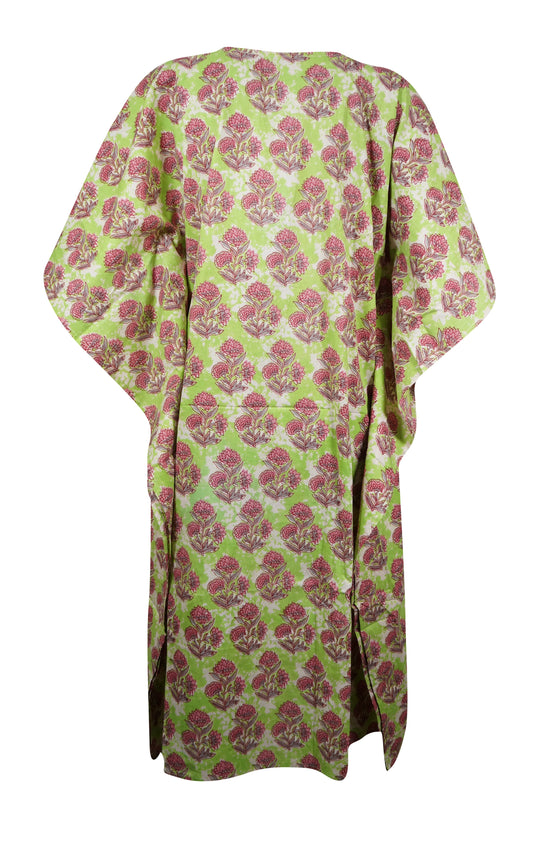 Womens Summer Midi Kaftan Dress, Green Pink Floral Printed Cotton Resort Dress S/M/L