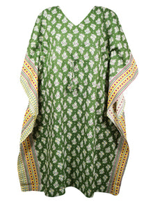  Womens Kaftan Midi Dress Boho Kimono Dresses Green Printed Summer Dress S/M/L