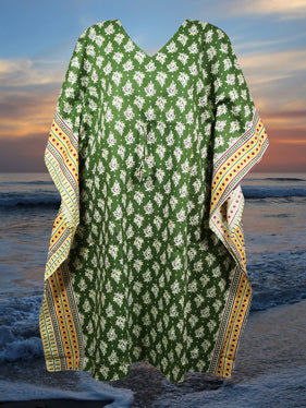Womens Kaftan Midi Dress Boho Kimono Dresses Green Printed Summer Dress S/M/L
