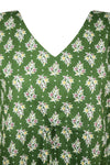 Womens Kaftan Midi Dress, Boho Kimono Dresses, Green Printed Summer Dress S/M/L