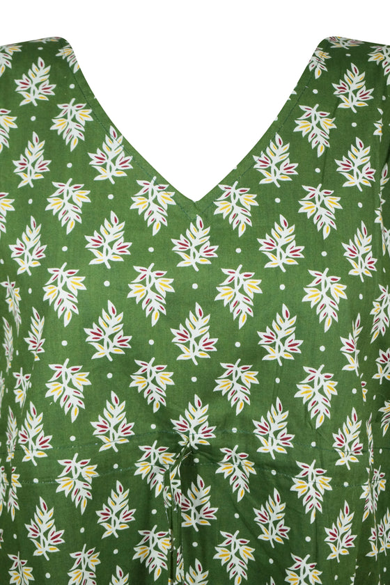 Womens Kaftan Midi Dress Boho Kimono Dresses Green Printed Summer Dress S/M/L
