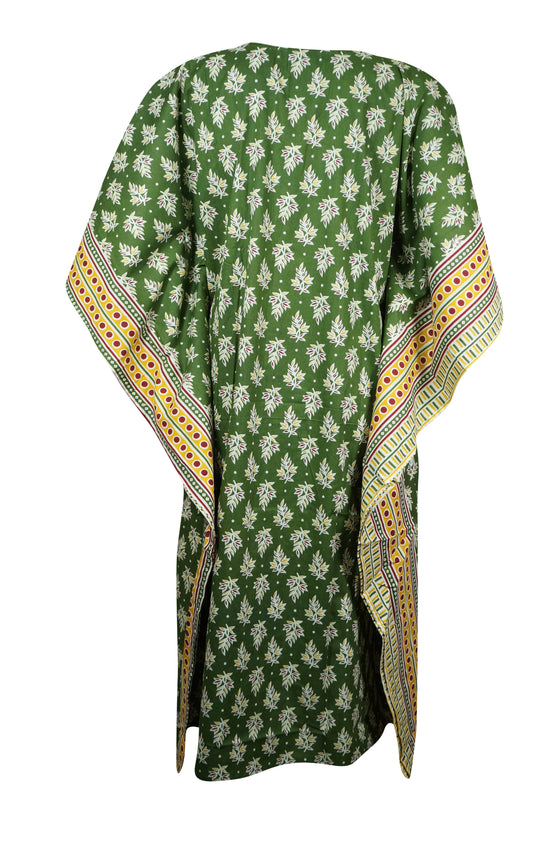 Womens Kaftan Midi Dress, Boho Kimono Dresses, Green Printed Summer Dress S/M/L