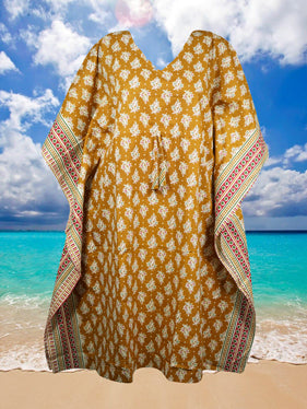 Womens Kaftan Midi Dress Boho Kimono Dresses, Yellow Printed Summer Dress S/M/L