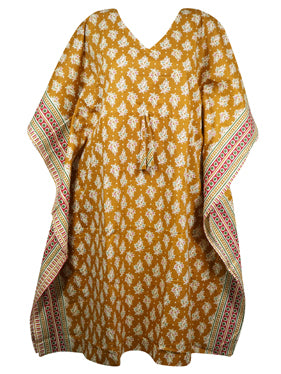 Womens Kaftan Midi Dress, Boho Kimono Dresses, Yellow Printed Summer Dress S/M/L