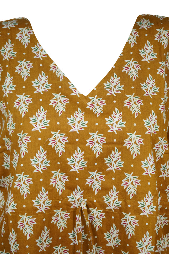Womens Kaftan Midi Dress Boho Kimono Dresses, Yellow Printed Summer Dress S/M/L