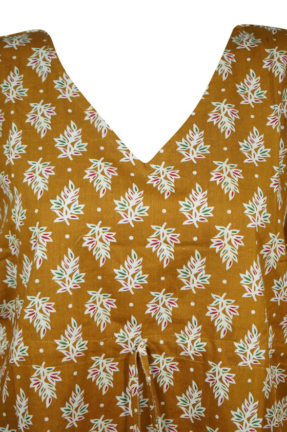 Womens Kaftan Midi Dress, Boho Kimono Dresses, Yellow Printed Summer Dress S/M/L