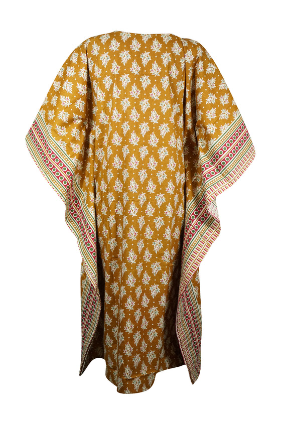 Womens Kaftan Midi Dress Boho Kimono Dresses, Yellow Printed Summer Dress S/M/L