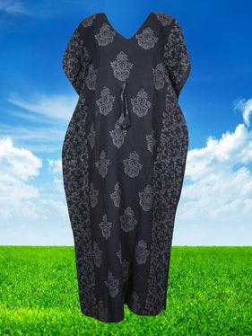 Women's Travel Caftan Maxi Dress, Black Kimono Floral Printed Summer Maxidress S/M/L