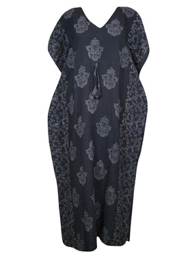 Women's Travel Caftan Maxi Dress, Black Kimono Floral Printed Summer Maxidress S/M/L
