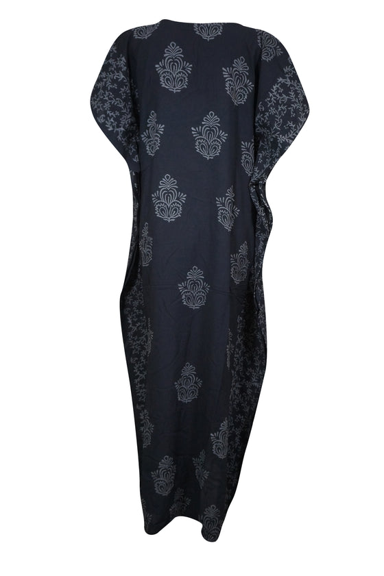 Women's Travel Caftan Maxi Dress, Black Kimono Floral Printed Summer Maxidress S/M/L