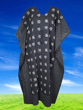 Womens Kaftan Maxi Dress, Beach, Travel Black Printed Long Caftan Dress S/M/L